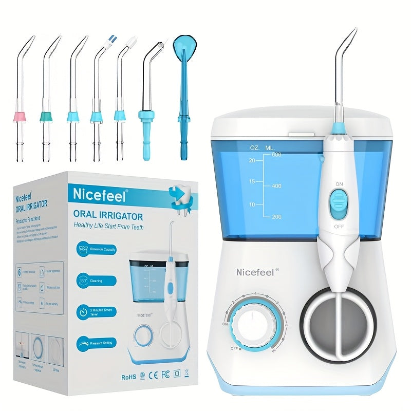 1pc Professional Electric Oral Irrigator with 10 Pressure Settings & 7 Interchangeable Tips - 600ml Water Flosser for Deep Cleaning Braces, Teeth, and Hard-to-Reach Areas - White & Blue Design for Home Use, Dental Irrigator