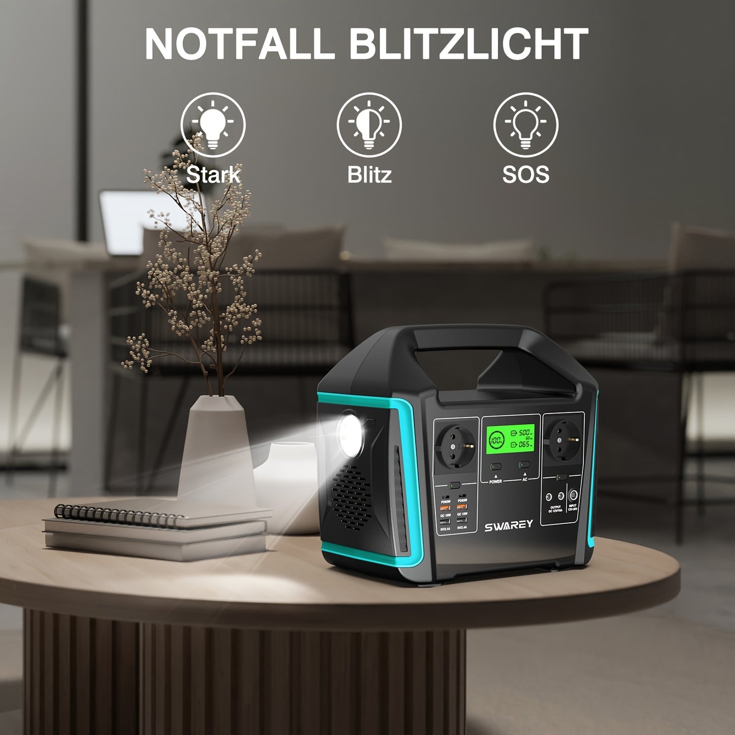 SWAREY Portable Power Station with 200W Solar Panel, 725.76Wh Solar power bank, 1000 W (Surge 1500 W) AC Outputs/Pure Sine Wave, Emergency power bank, 2 X 65 W USB-C Connection, Power power bank Battery for Outdoors, Camping,
