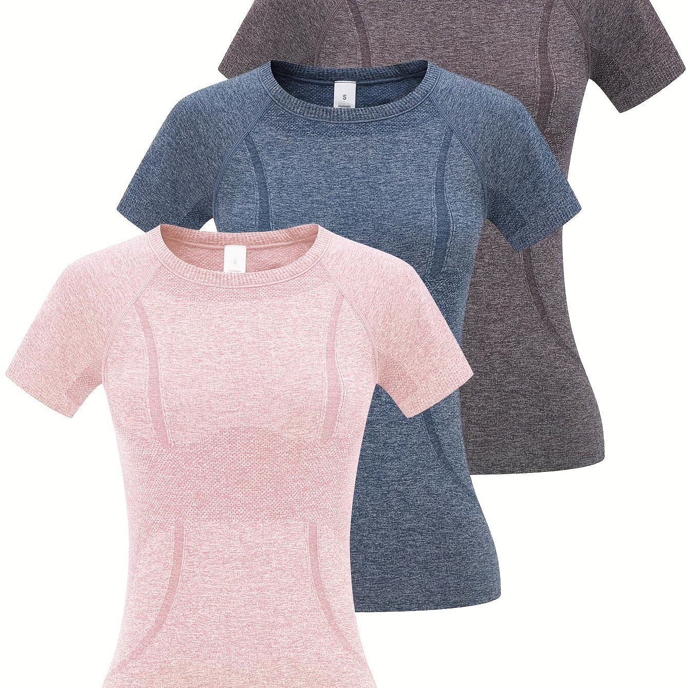 3pcs Women's Sports Fitness Running Top, Short Sleeve Quick-drying Breathable Comfortable T-shirt, Women's Clothing