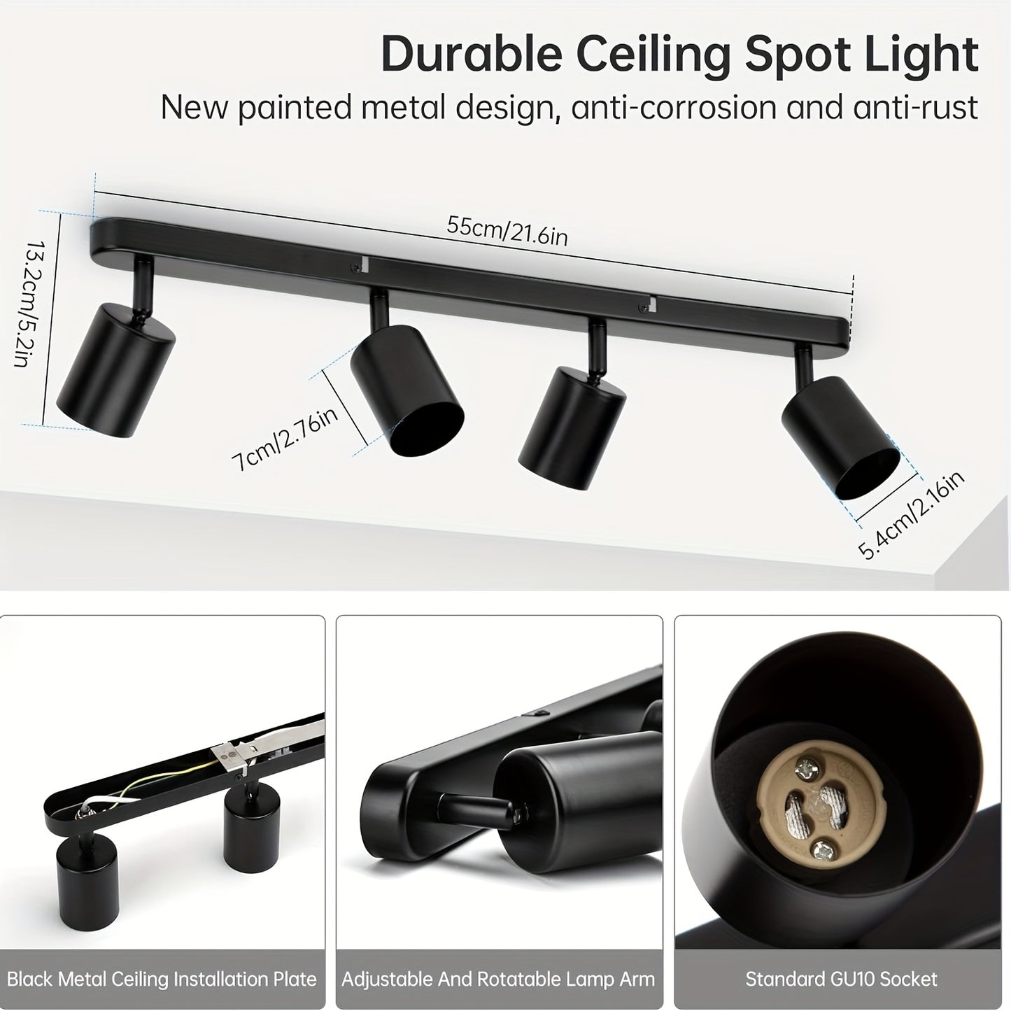 1pc LED Ceiling Light with 4 Bulbs, Rotatable GU10 Spotlight Bar Pendant Lamp in Black & White, Modern Kitchen Bedroom Living Room Ceiling Fixture (Bulbs Not Included)