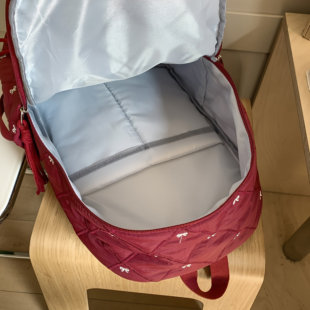 HUOHUO Large Capacity Backpack - Stylish Red & White Quilted Design with Star & Bow Accents, Adjustable Straps, Multiple Compartments, Perfect for School, Commuting, and Everyday Use, Backpack for School, Commuter Bag, Playfu