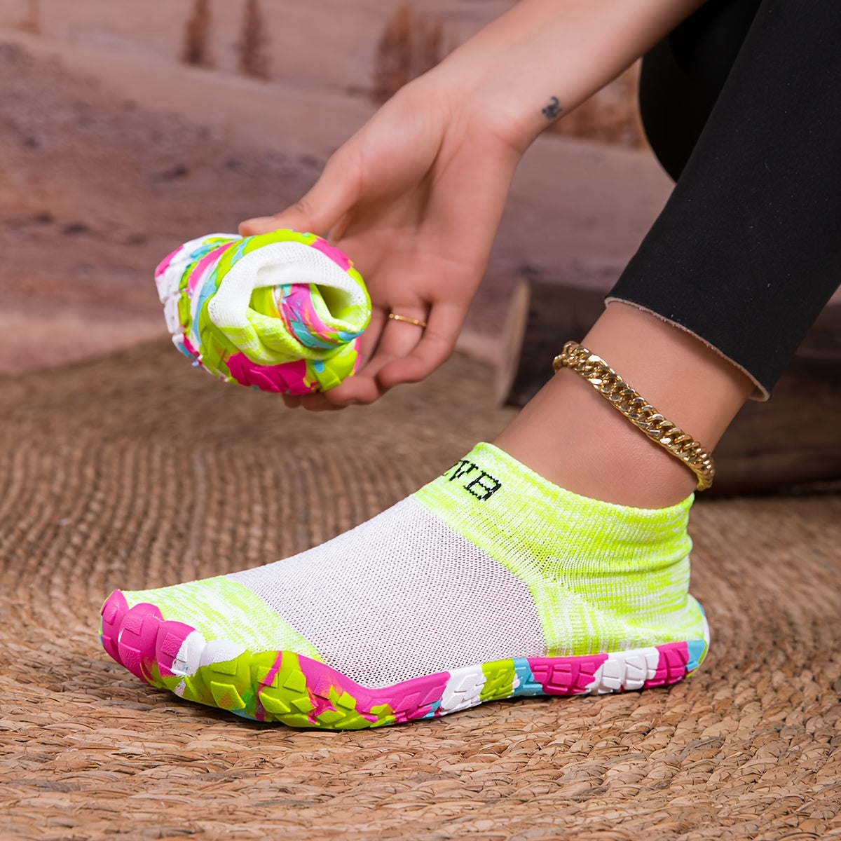 ZVB Women's All-Terrain Water Shoes - Slip- Rubber Sole & Arch, Breathable Quick- Slip-On/Wear, Lightweight Cushioned Insole for Swimming, Yoga, Surfing, Hiking, Beach - All-Season Indoor/ Aquatic Shoes with Elastic Woven Upp