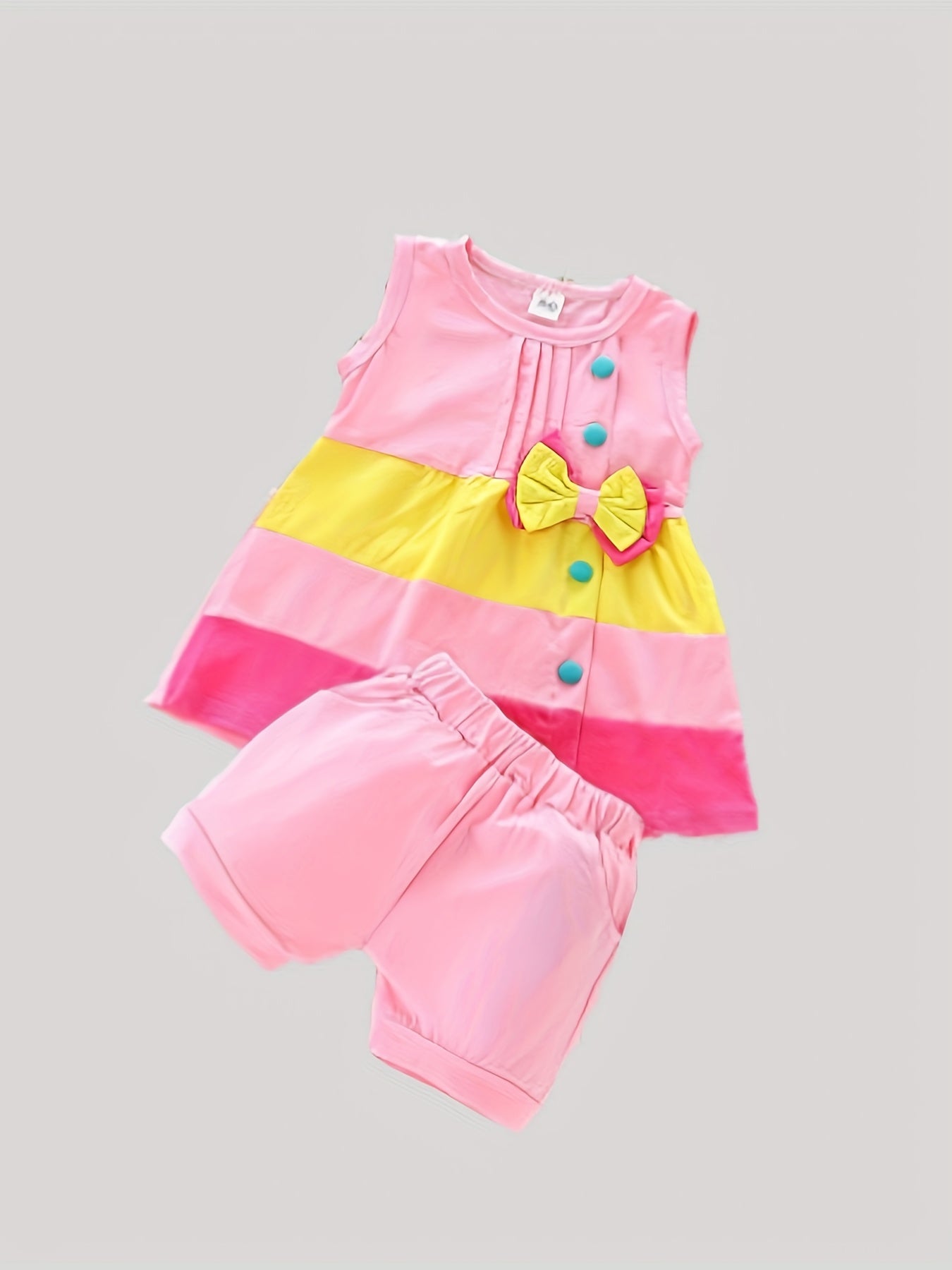Stylish Color Block Outfit - Cute Bow Puffy Hem Vest & Pocket Shorts Two-piece Set Toddler Baby Clothes Outdoor Clothes Outdoor Suit