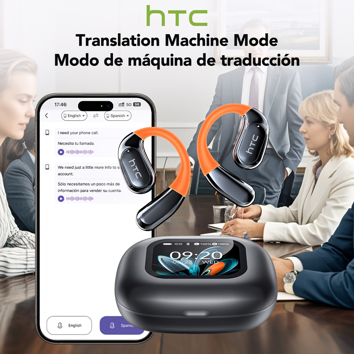 HTC NE27 AI Translation Wireless Earbuds with 134-Language Real-Time Translator, Wireless 6.0, AI- Smart Translator, Noise Cancelling, Transparent Touchscreen Case, Stereo Sound, Long Life for Travel, / Compatible