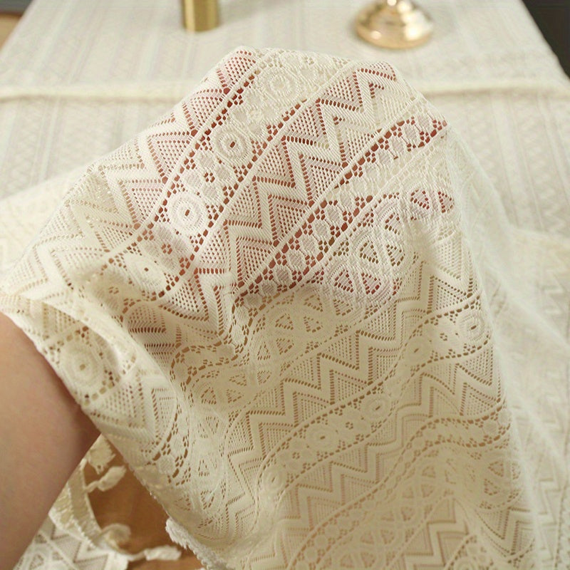 1pc Beige Crochet Hollow Tablecloth, Boho Household Stain Resistant Waterproof Oil-proof, Washable Table Cover, Suitable For Picnics, Camping, Weddings, Birthday Parties, Restaurants, And Buffets, Tabletop Protection, Home Ki