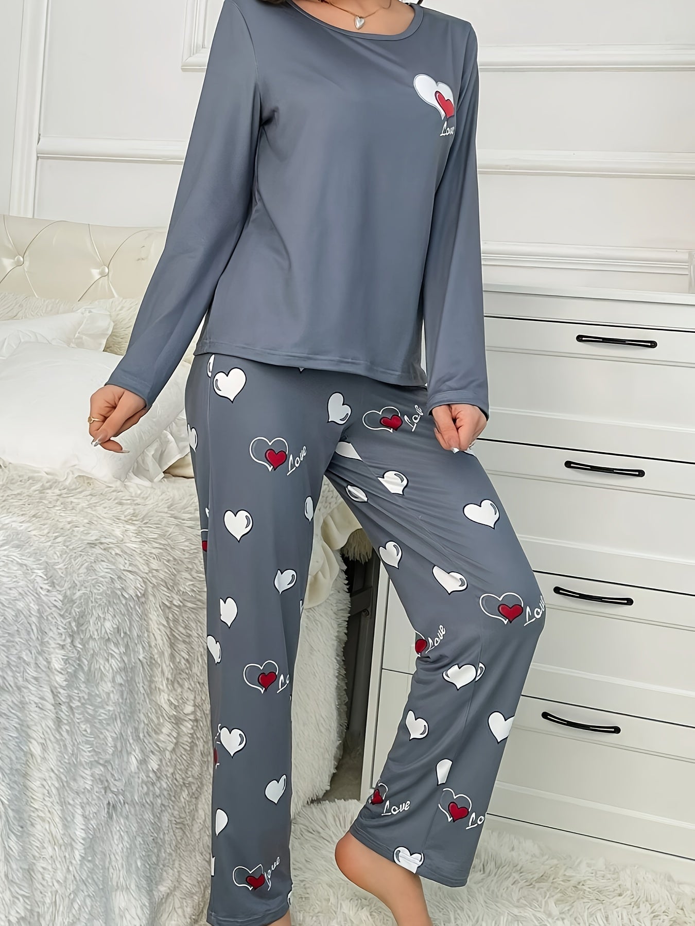 Plus Size Casual Heart Print Round Neck Long Sleeve Pantsuit