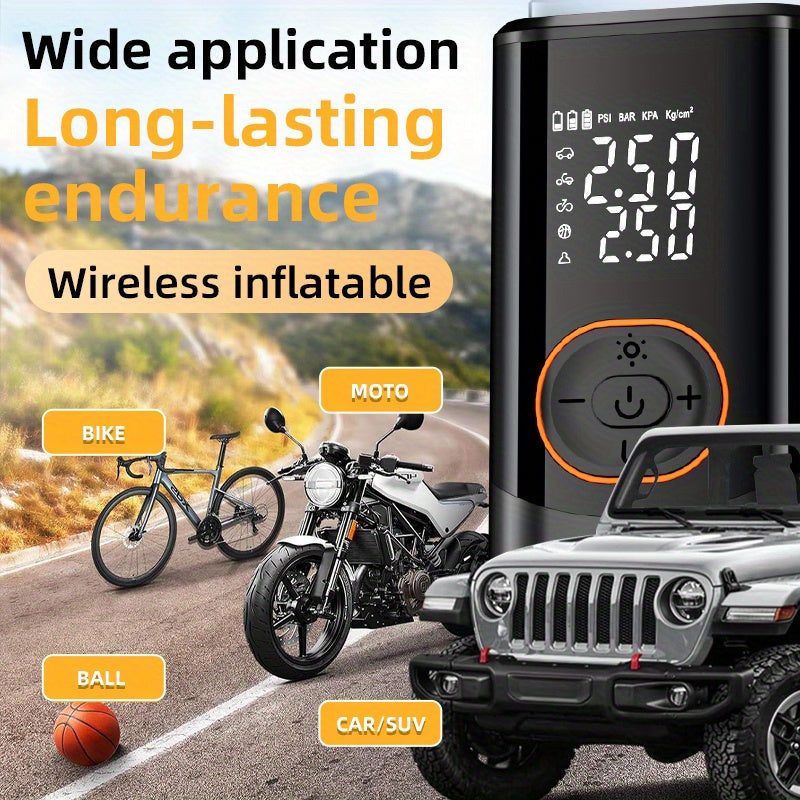 Portable Air Compressor with Digital Pressure Gauge, 150PSI Rechargeable Battery, LED Light, Wireless Tire Pump for Cars, Motorcycles, Bicycles, etc., Black, Motorcycle Tire Inflation, Compact Design, Durable Construction, Us