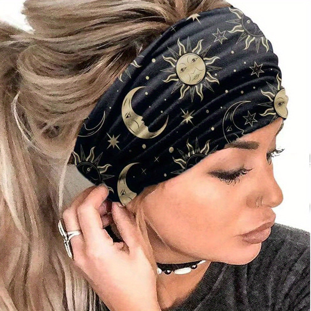 Boho Headband Sun Moon Printed Hair Band Wide Stretchy Sweatband For Yoga Running Headdress For Women