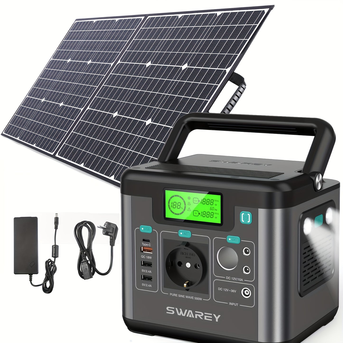 Swarey 300W Power Station with 100W Solar Panel, Power Bank with AC Outlet, 222 Wh Portabale External Battery Pack, PD 65W Fast Charging Laptop Charger Battery for Business Travel Camping Home Emergency Outage Laptop Camera