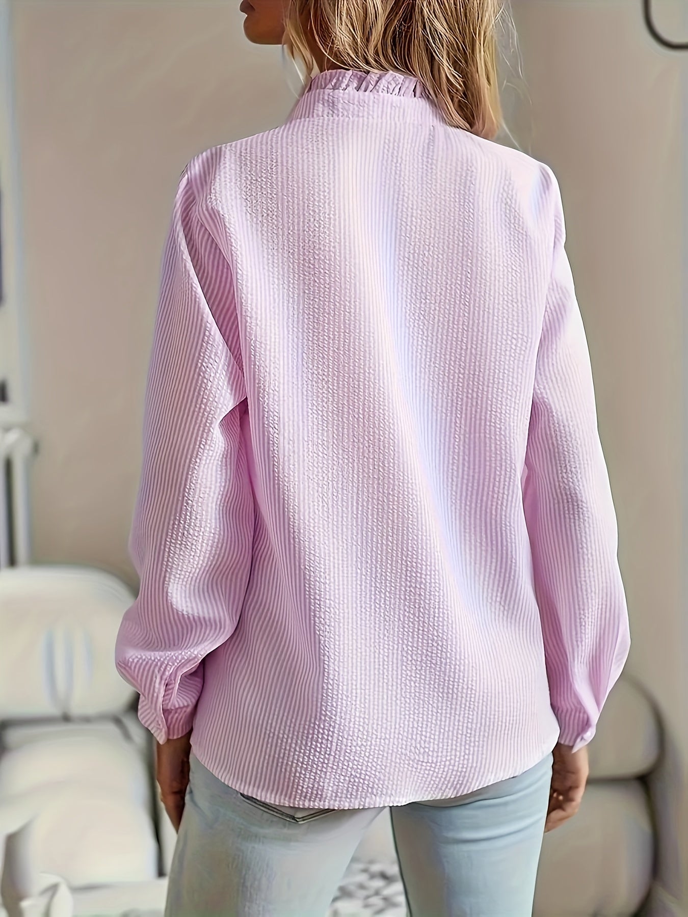 Striped Print Ruffle Trim Blouse, Elegant Long Sleeve Button Front Blouse For Spring & Fall, Women's Clothing