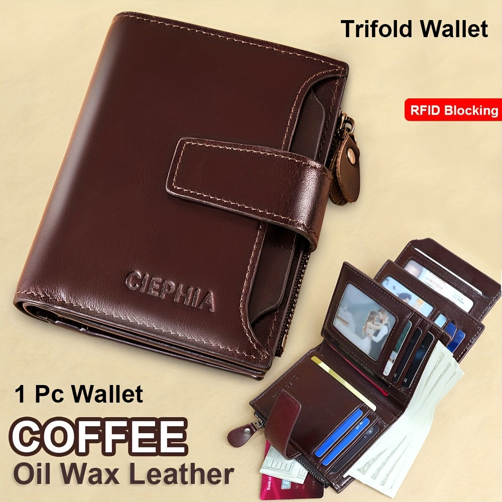 1pc CIEPHIA Men's Genuine Leather Wallet - RFID Blocking -Theft, Vintage Brown (Dark tan/, with Zipper Closure, 17-Card Holder, Coin Pocket, ID Window, Multi-Compartment - Heavy-Duty Full-Feature Wallet for Men, Ideal Gift fo