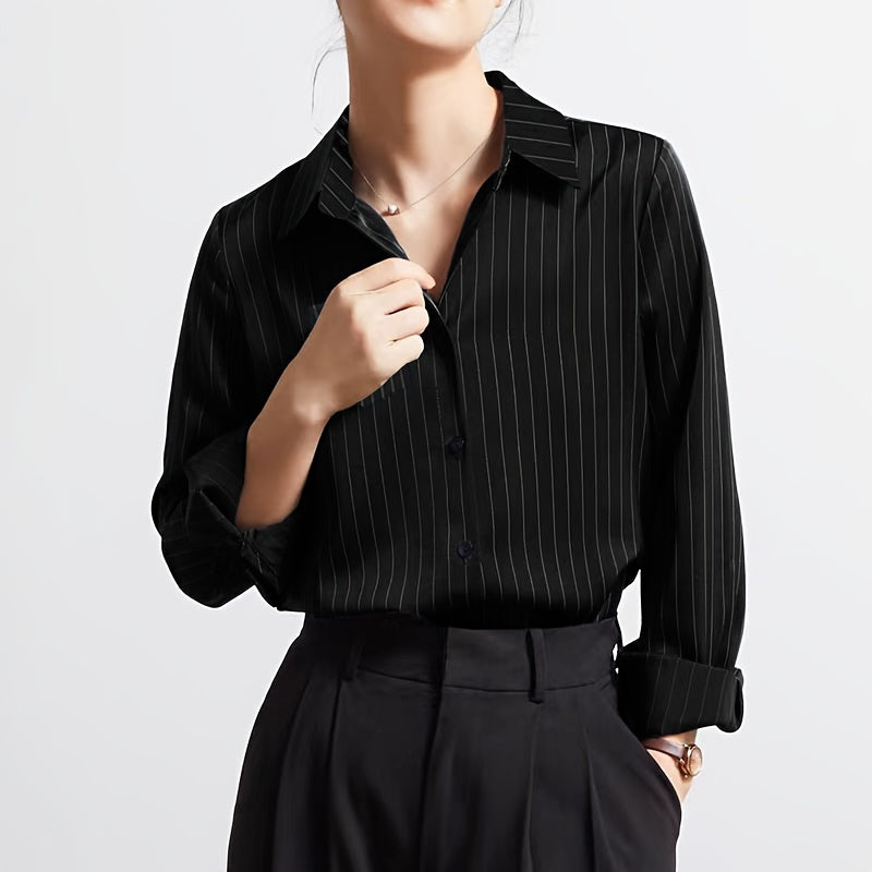Striped Button Up Chest Pocket Blouse, Elegant Lapel Collar Long Sleeve Blouse, Women's Clothing