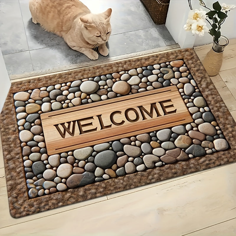 2D Welcome Home Non-Slip Door Mat - Durable, Machine Washable Mat with Stone Pattern & Wood Texture Design - Perfect for Farmhouse Decor, All-Season Use, Polyester Material, Welcoming Entrance Mat | Natural Look Rug | Wooden