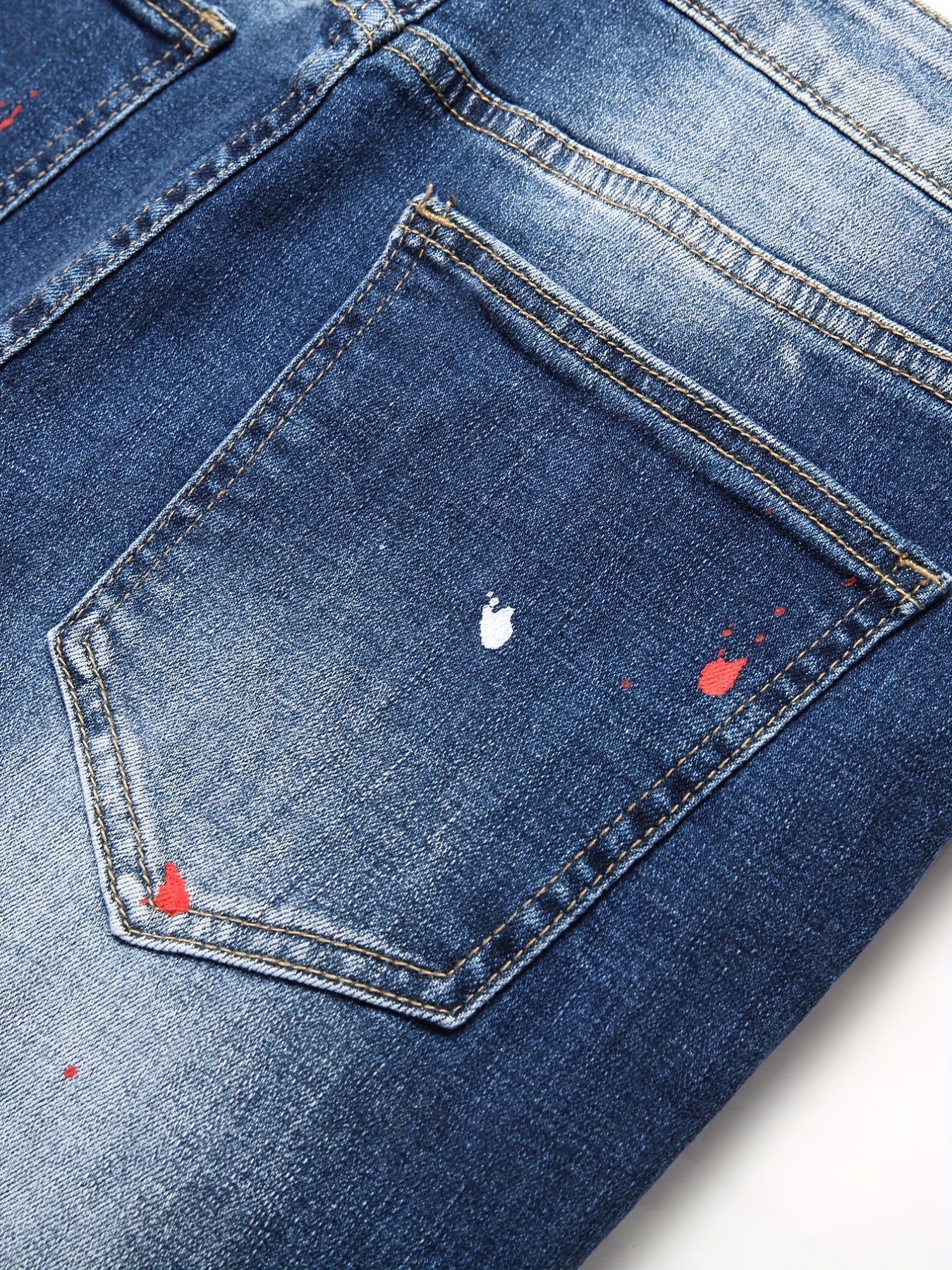 Patch Splatter Ripped Jeans, Men's Casual Street Style Distressed Slim Fit High Stretch Denim Pants For Spring Summer