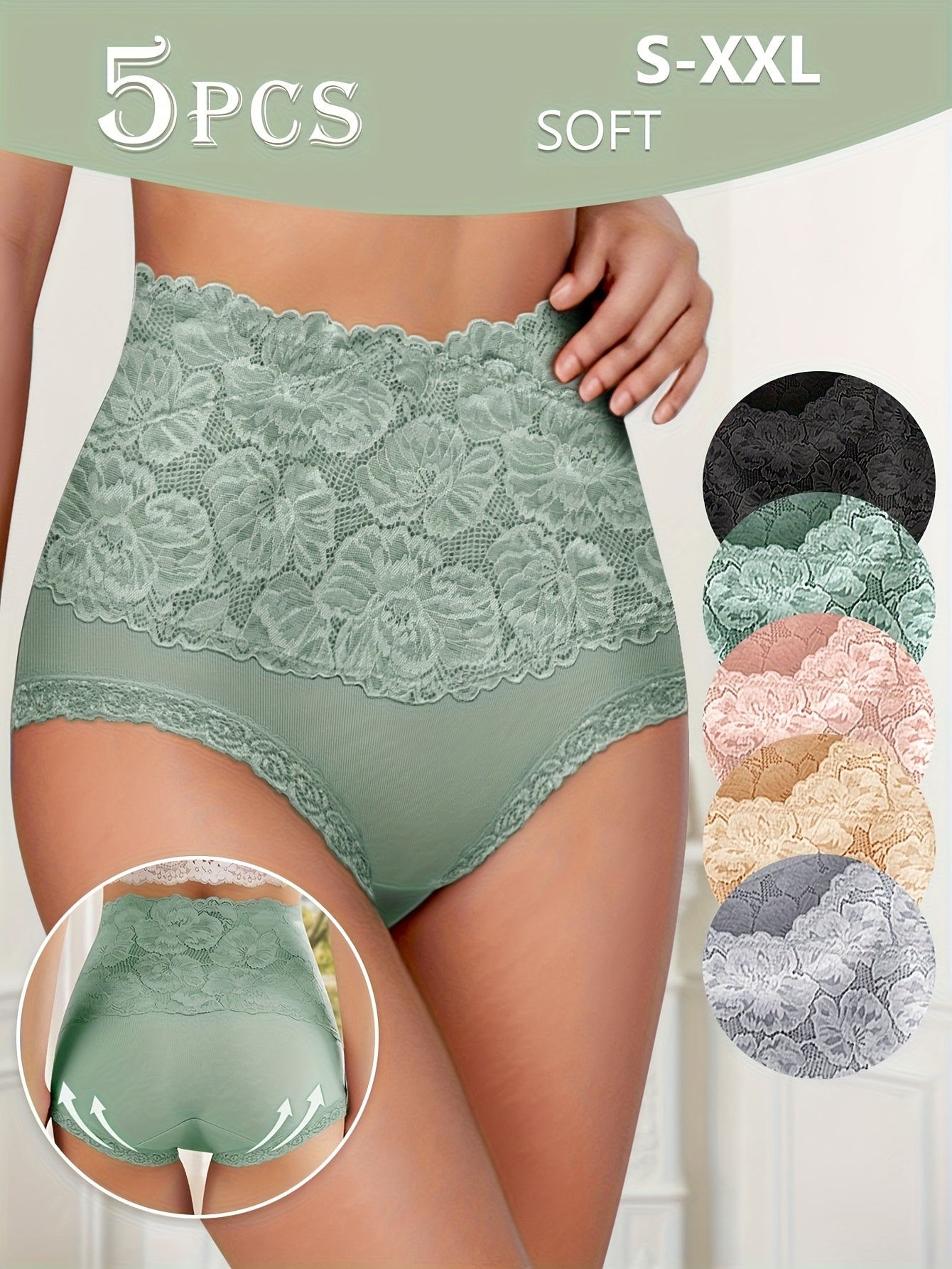 5pcs Women's High-Waisted Tummy Control Briefs - Soft Lace Trim, Butt-Lifting & Tummy Control, Elegant Lace Underwear For Everyday Comfort
