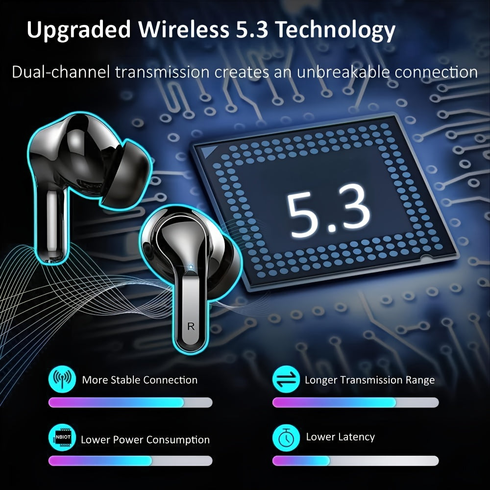 2025 New Wireless Earbuds with 40H Bass, ENC Noise Canceling, 5.3 Headset, 4 HD Microphones, USB-C LED Display, for Android & iOS, Open-Back Design, Condenser Microphones, Non-Waterproof, Ideal for Gaming, Skateboarding, Sno