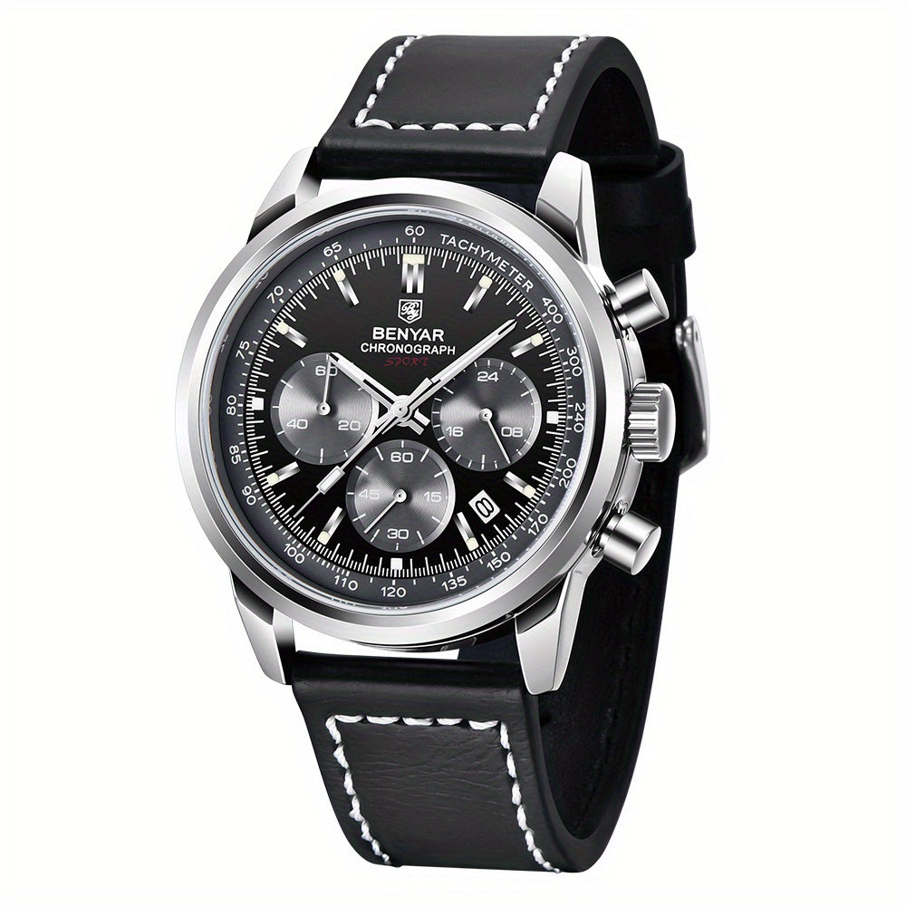 BENYAR Top Brand Men's Watches Sport For Men Multifunction Chronograph Black Fashion Quartz Wristwatches Calendar With Leather Strap