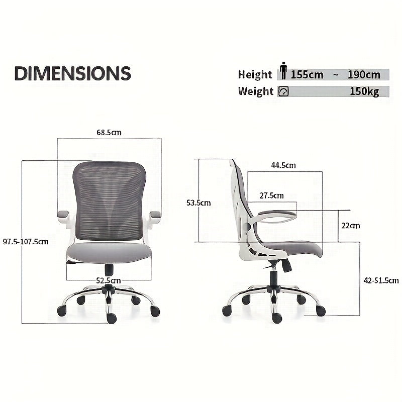 Ergonomic Office Chair with Foldable Space-Saving Design, Breathable Mesh Back & Adjustable Lumbar Support, Flip-Up Armrests, Height-Adjustable - Heavy-Duty Plastic Frame, Foam Padding, White/Black Color Options - Ideal for H