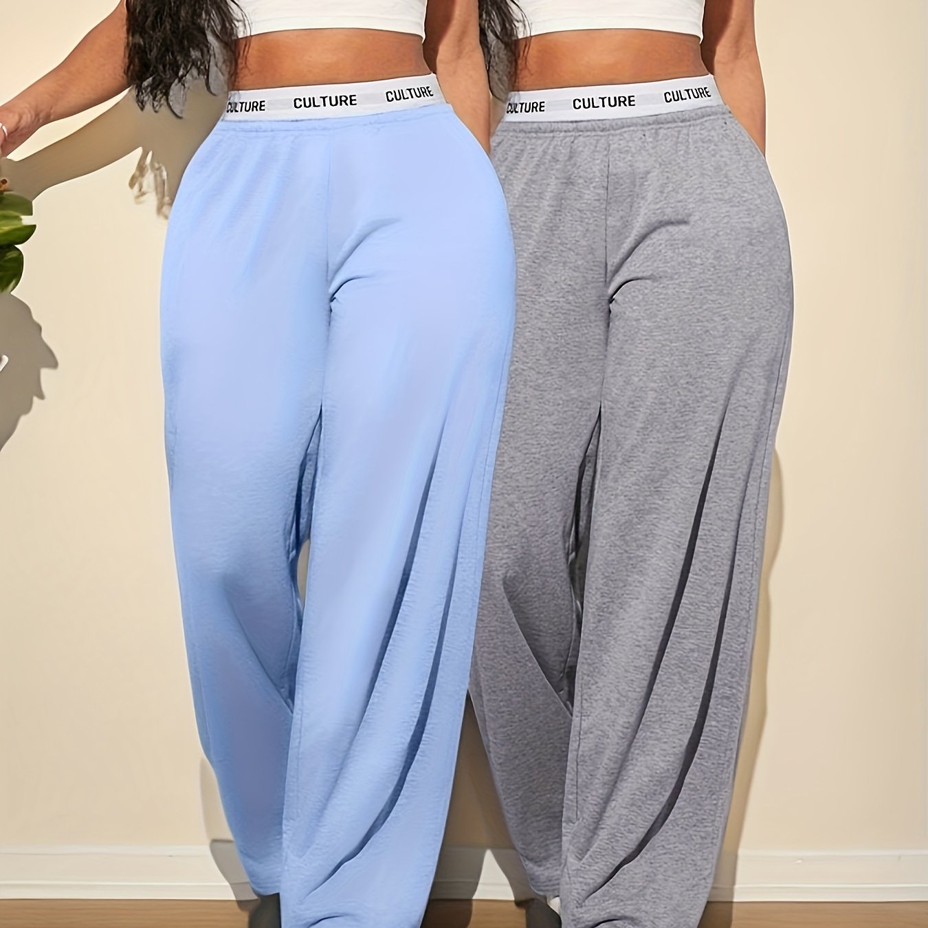 2pcs Women'S High-Waisted Wide-Leg Pants with Heart Letter Print - Casual Loose-Fit Joggers, Solid Color, All-Season Comfort, Pockets, Versatile for Casual Attire