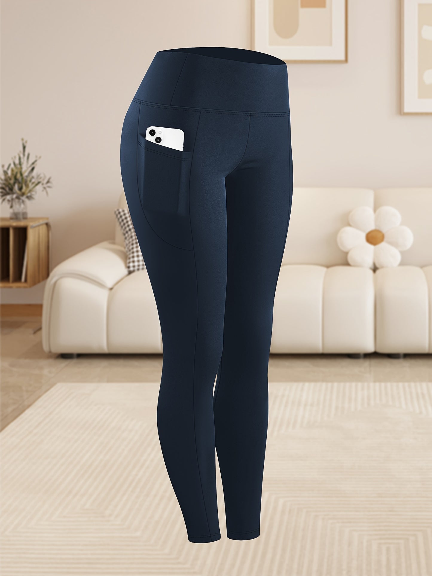 Women'S Plus Size High Waist Tummy Control Leggings with Side Pockets, 88% Polyester 12% Elastane, Knit Fabric, Stretchy Cropped Yoga Pants for Running & Fitness, All Season Solid Color Athletic Skinny Pants
