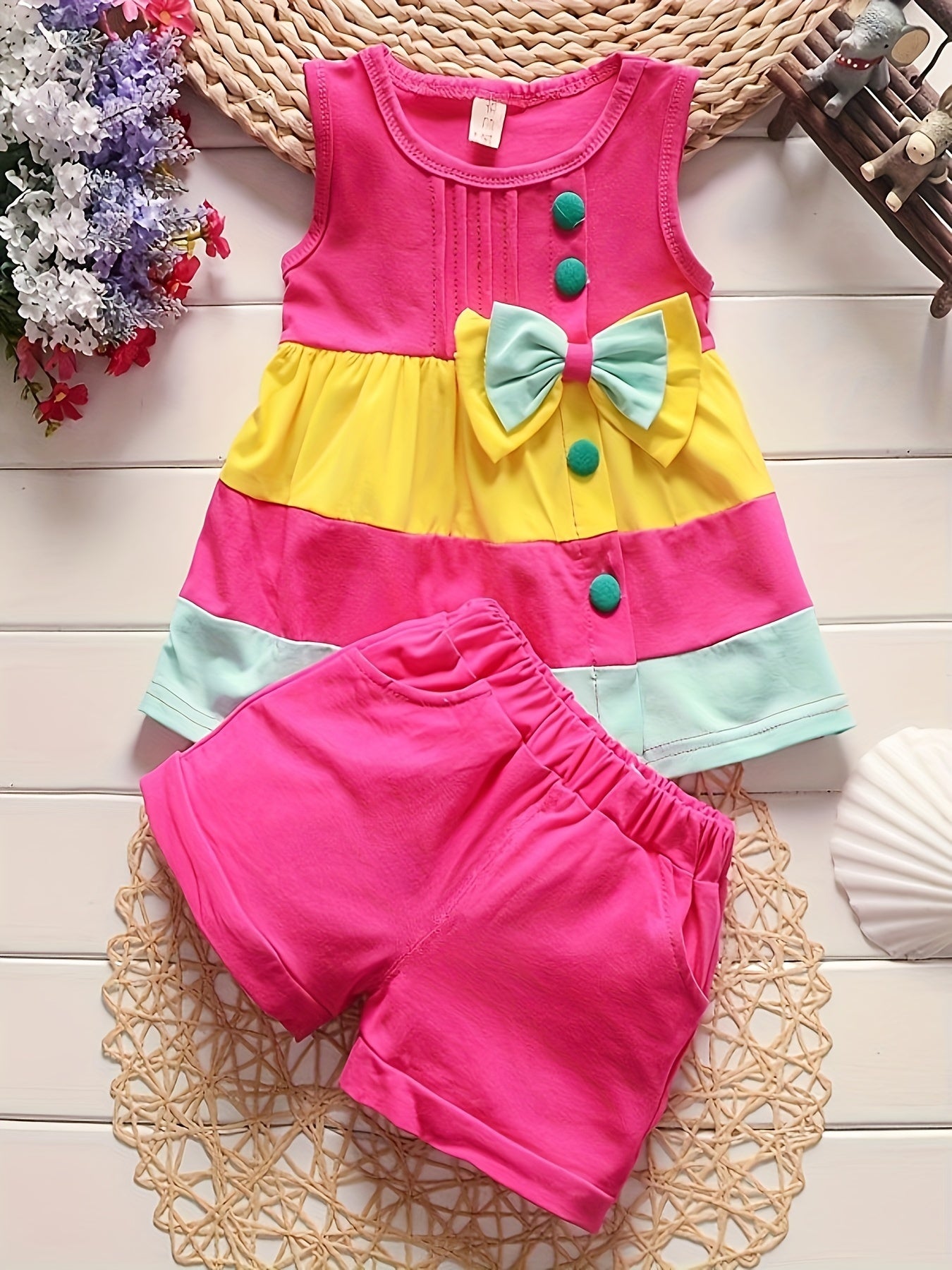 Stylish Color Block Outfit - Cute Bow Puffy Hem Vest & Pocket Shorts Two-piece Set Toddler Baby Clothes Outdoor Clothes Outdoor Suit