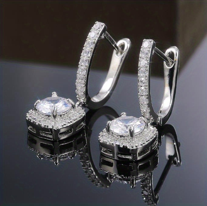 Sterling 925 Silver Ear Jewelry Square Shape Shiny zirconia Decor Dangle Earrings Luxury Style Banquet Party Ear Ornaments