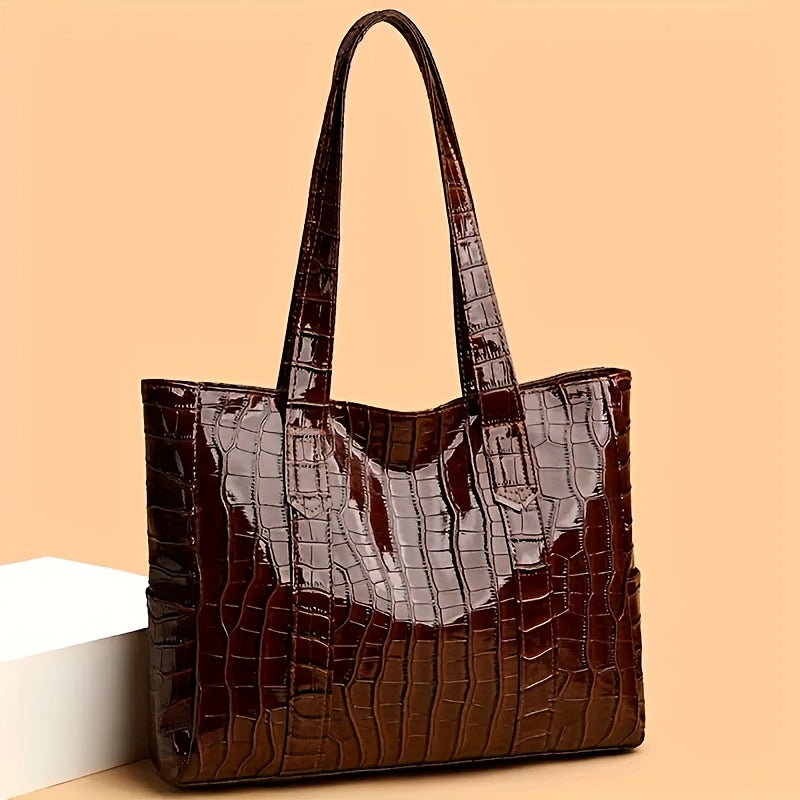 Stylish White Crocodile-Textured Tote Bag with Golden-Tone Hardware - Large Capacity, Durable, Perfect for Commuting, Shopping, and Travel, Travel Tote Bag | Elegant Tote Bag | Durable Tote