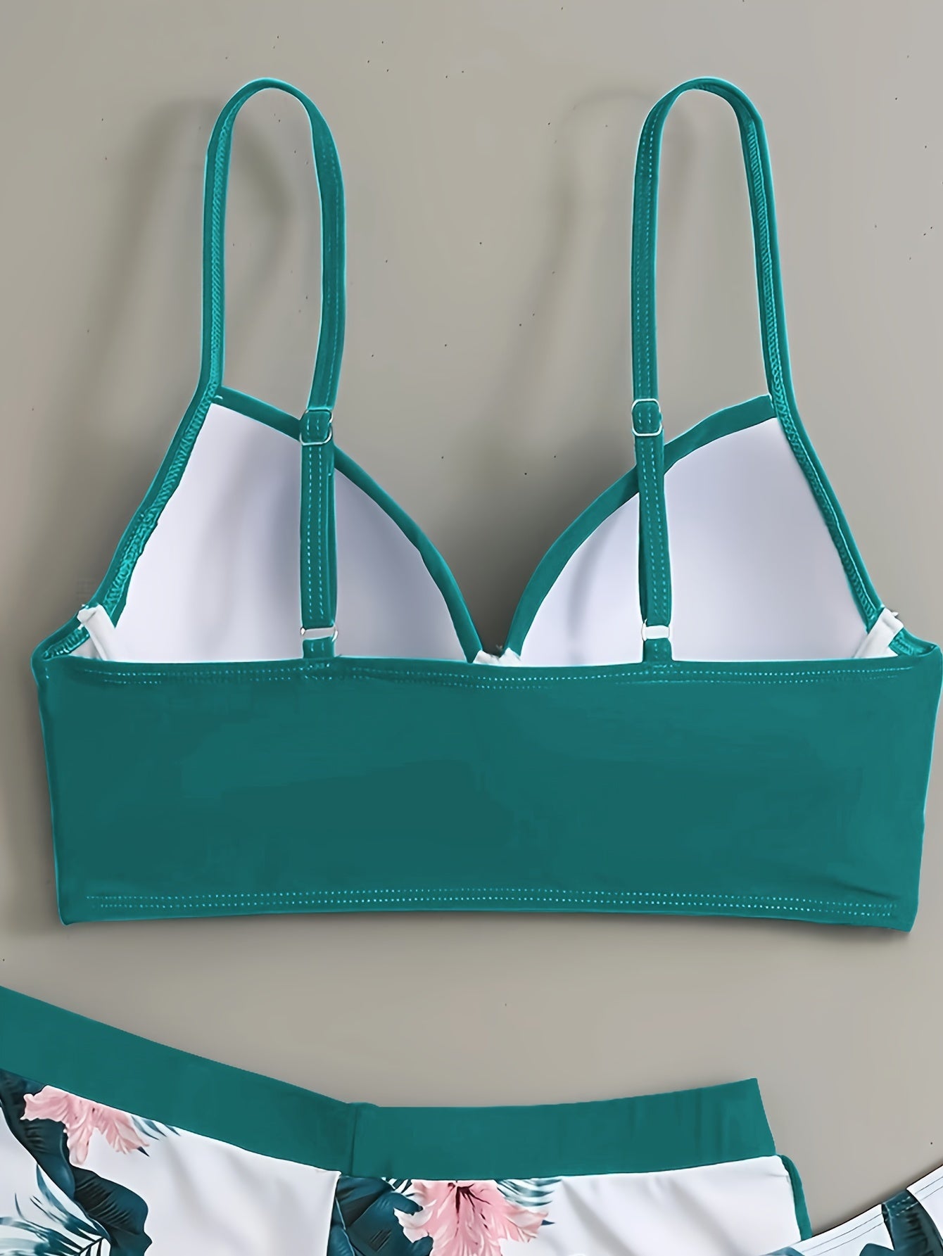 Floral Leaf Print Stretchy 3 Piece Set Swimsuits, Cross Spaghetti Strap Push Up Bikini & Boxer Shorts, Women's Swimwear & Clothing