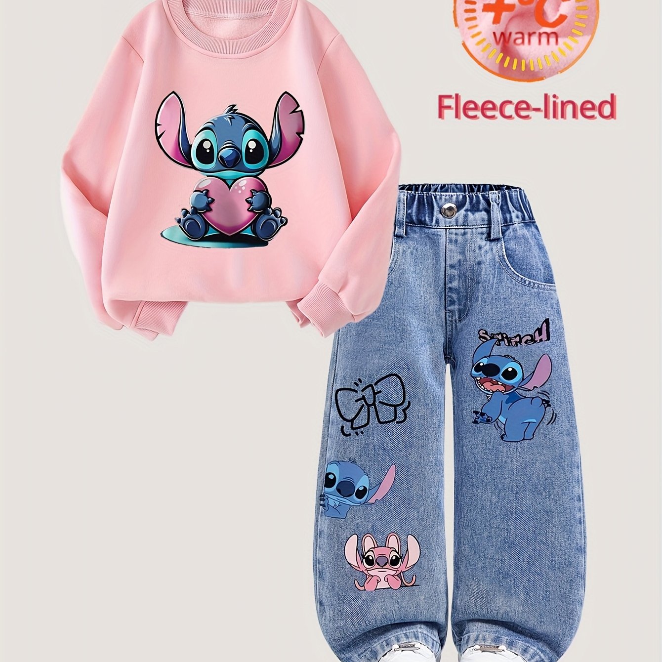 2pcs Disney Stitch Hoodie + Faux Denim Set, Fashionable Pink Sweatshirt & Faux Denim Outfit for Girls, School Uniform Style, Streetwear Casual Fall/Winter Wear, Warm and Comfortable Fit, Perfect for Back-to-School Season, Ide