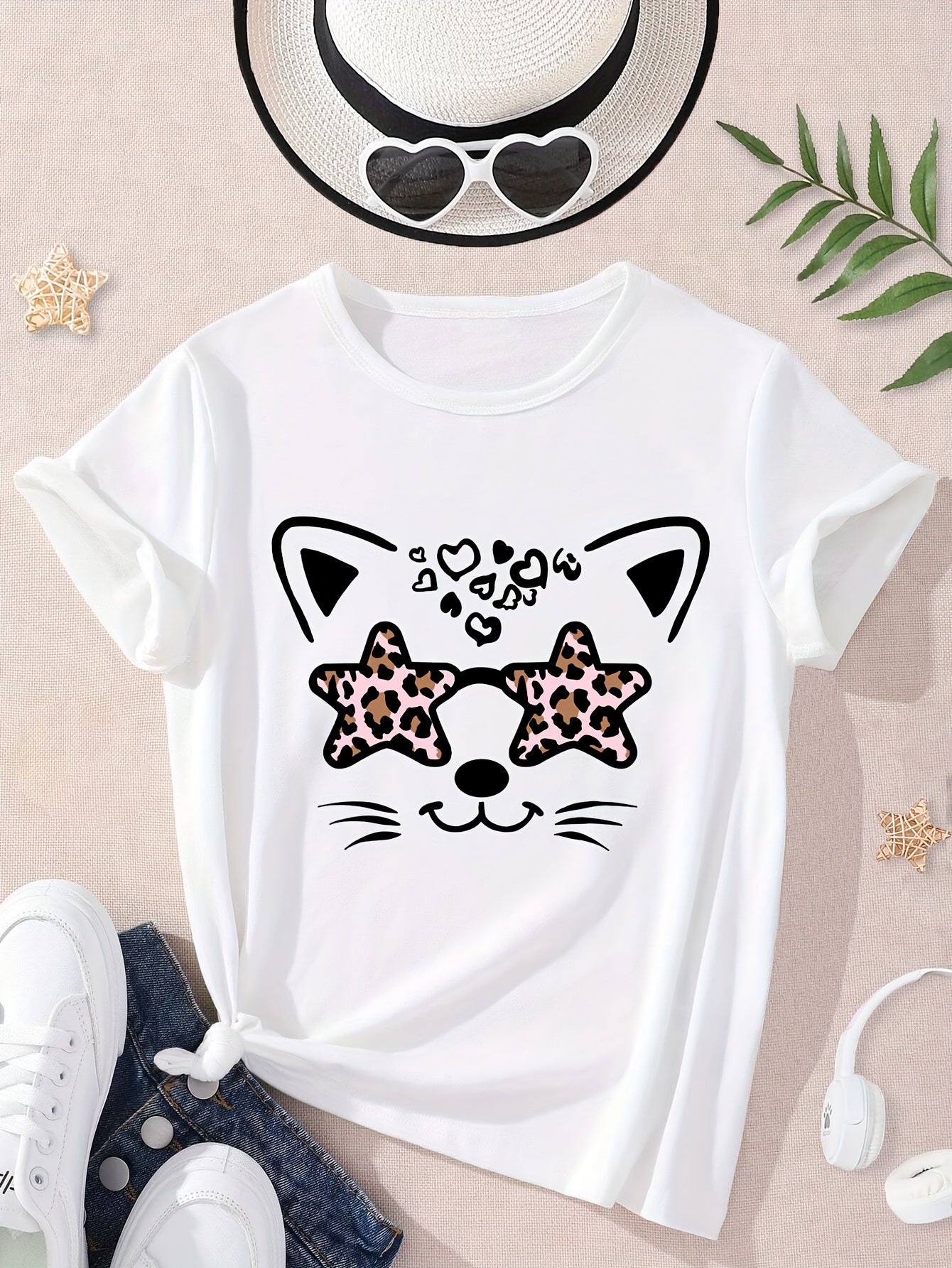 Girls Funny Kitty Print Short Sleeve T-shirt Summer Clothes Gift