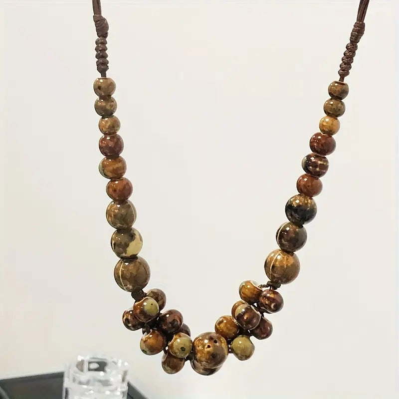 Handwoven Bohemian Women's Necklace - Marbled Ceramic Beads in Earthy Brown/Green/Blue/Golden/Black, Chunky Multi-Color Large Bead Statement Jewelry, Year-Round Versatile Boho-Chic Accessory for Daily Wear & Special Occasions