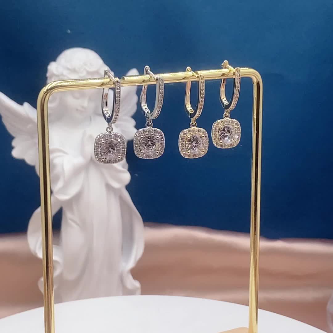 Square Shiny Zircon Decor Luxury Dangle Earrings Copper 14K Gold Plated Jewelry Exquisite Female Gift