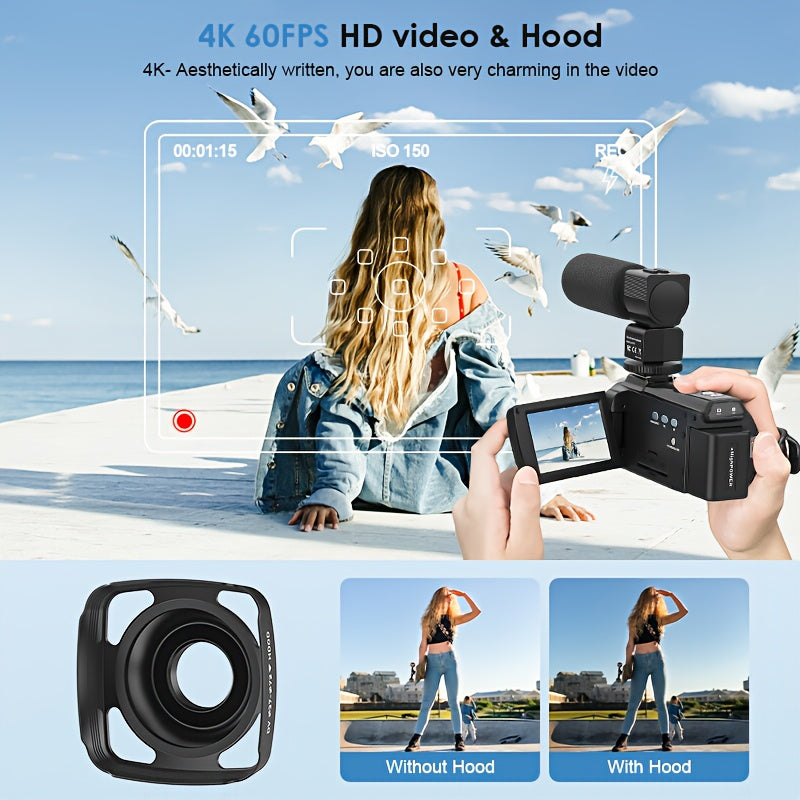 Flyfrost 4K 60FPS HD Camcorder with External Mic, 6D Stabilization & WIFI FPV Drone-like Camera, 48MP Photo/Video, 7.62cm Touch Screen, Auto Focus, 80° Lens, Remote Control, Compatible with PC/Mobile for Vlogging, YouTube Re