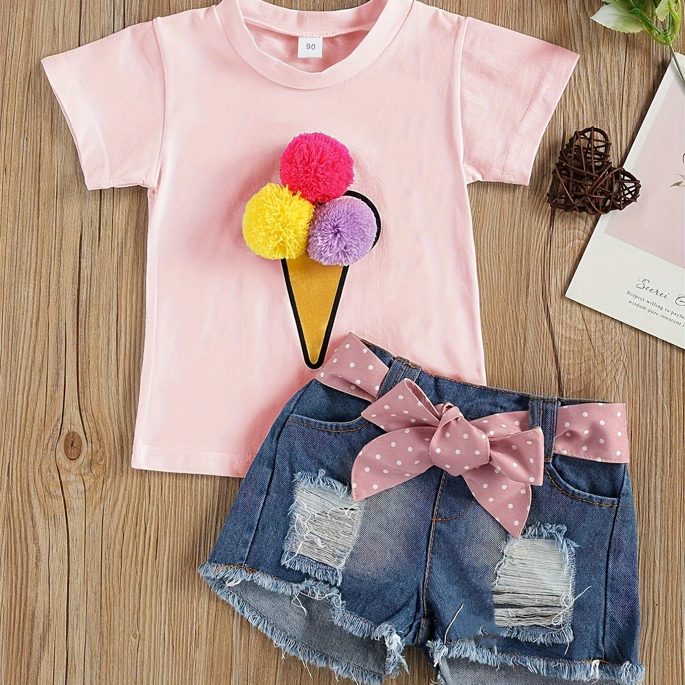 Adorable Girls' Ice Cream Print Short Sleeve Tee & Ripped Denim Shorts Set with Pink Bow Accent - Stretchy, Breathable Summer Outfit for Casual Wear, Perfect for Outdoor