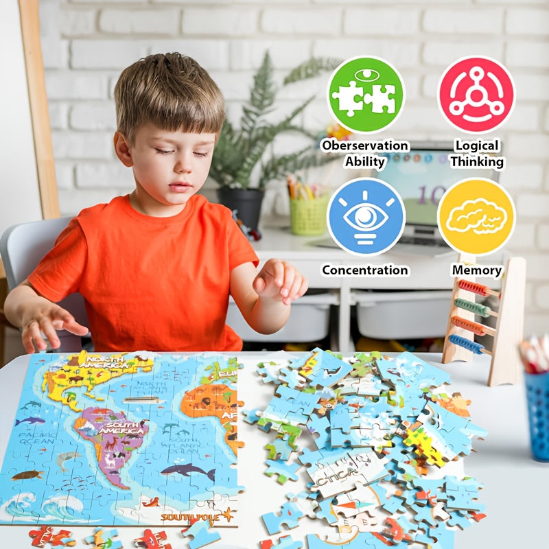 200pcs World Map Puzzle for Kids - Educational Science & Technology Toy, Fun Animal-Themed Cartoon Wooden Jigsaw Puzzle for Boys and Girls, Enhances Cognitive Skills, Ideal for Ages 3-12, Portable Design, Intermediate Skill L