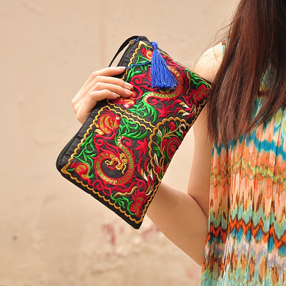 Retro Style Square Purse, Ethnic Style Phone Clutches, Floral Embroidery Handbag With Wristlet