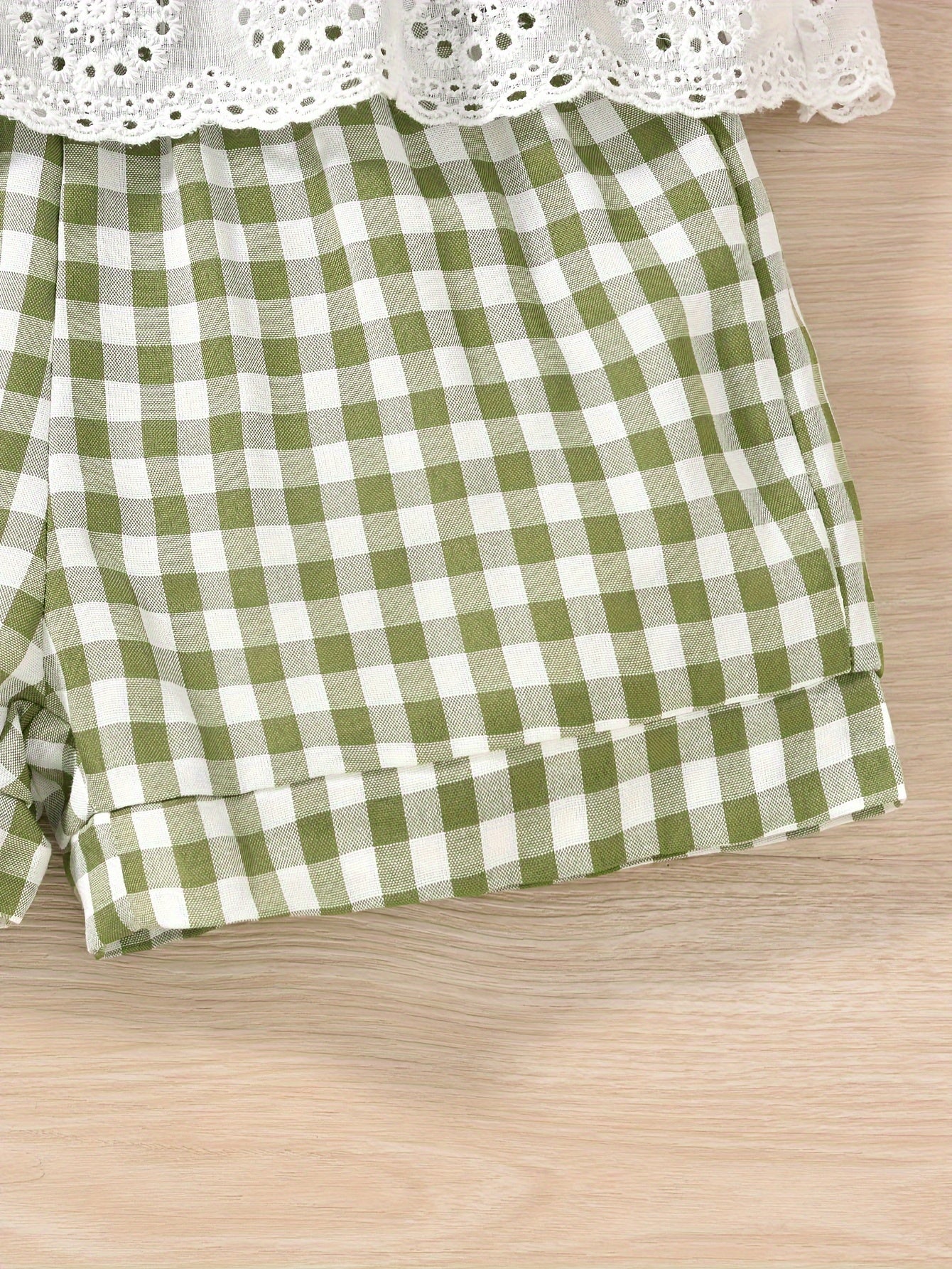 Cute Ruffle Lace Top & Check Shorts Two-Piece Set - White Blouse with Yellow Bow, Yellow & White Gingham Shorts, Perfect for Spring/Summer, Casual Playwear|Ruffle Detail Top|Nonstretch Fabric, for Outdoor