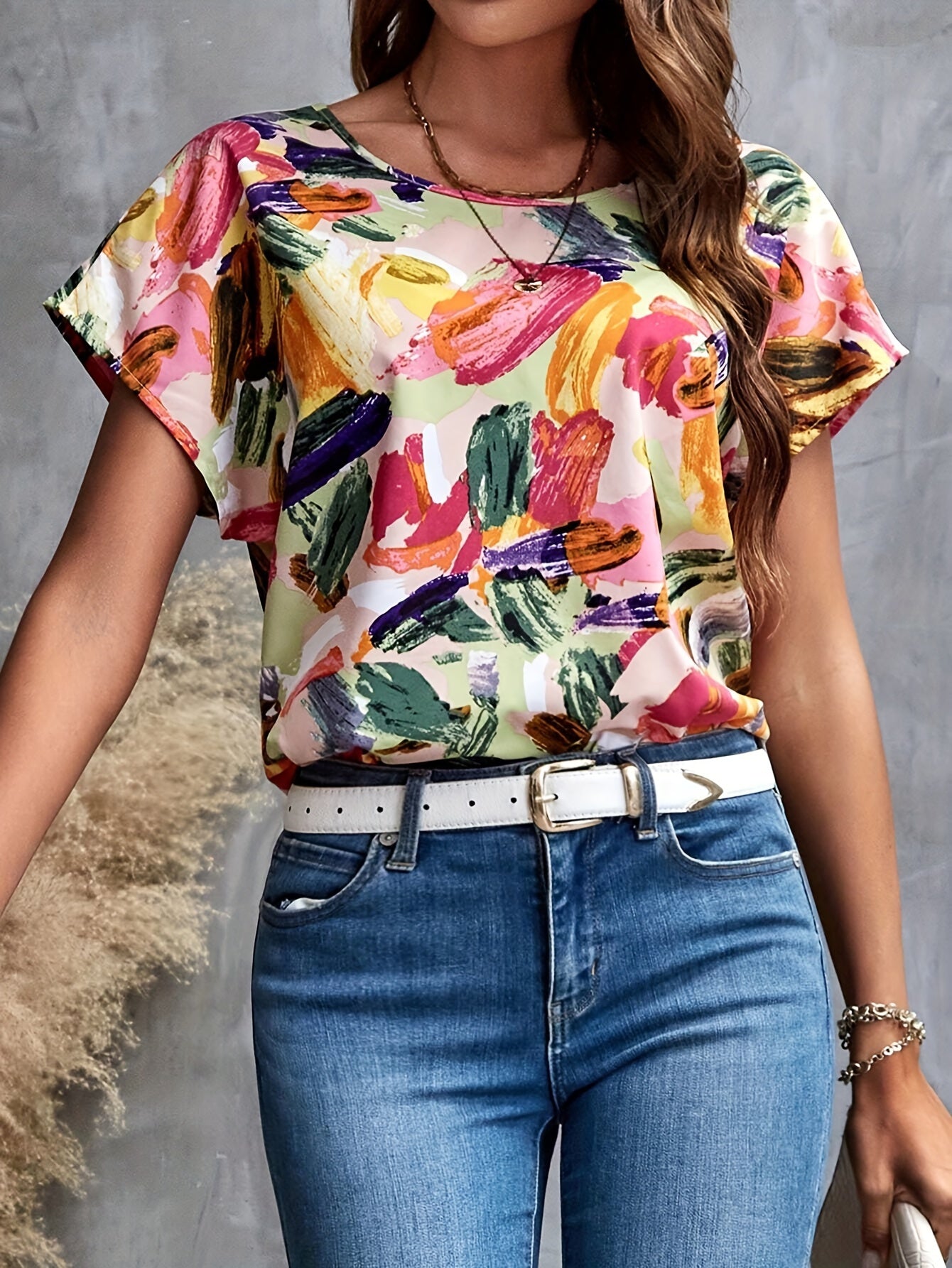 Allover Print Crew Neck Blouse, Vintage Short Sleeve Blouse For Spring & Summer, Women's Clothing