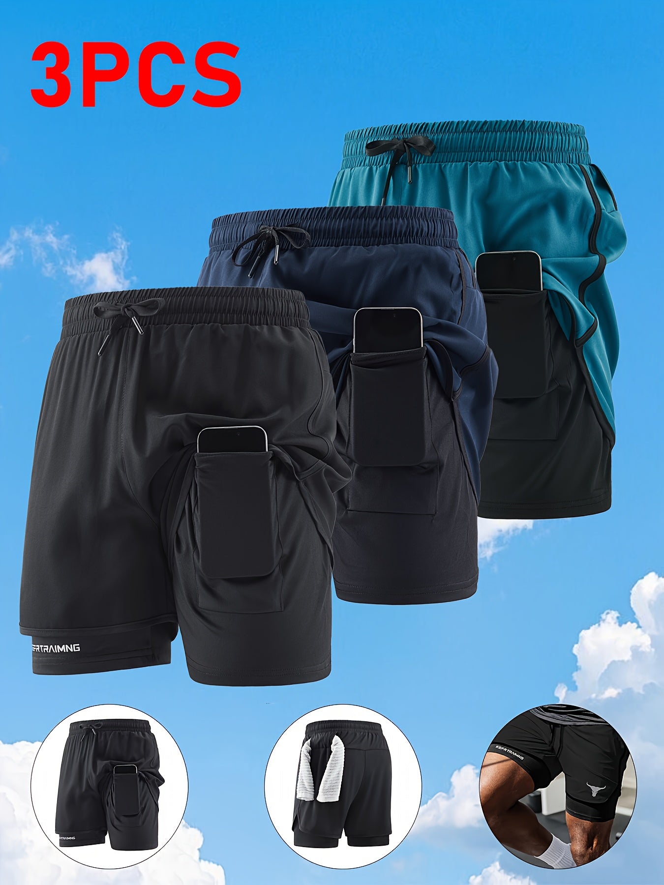 Zhiyu OBM 3pcs Men's Fitness Running Shorts, Elastic Waistband, Soft Lining, Towel Included, Perfect as a Gift