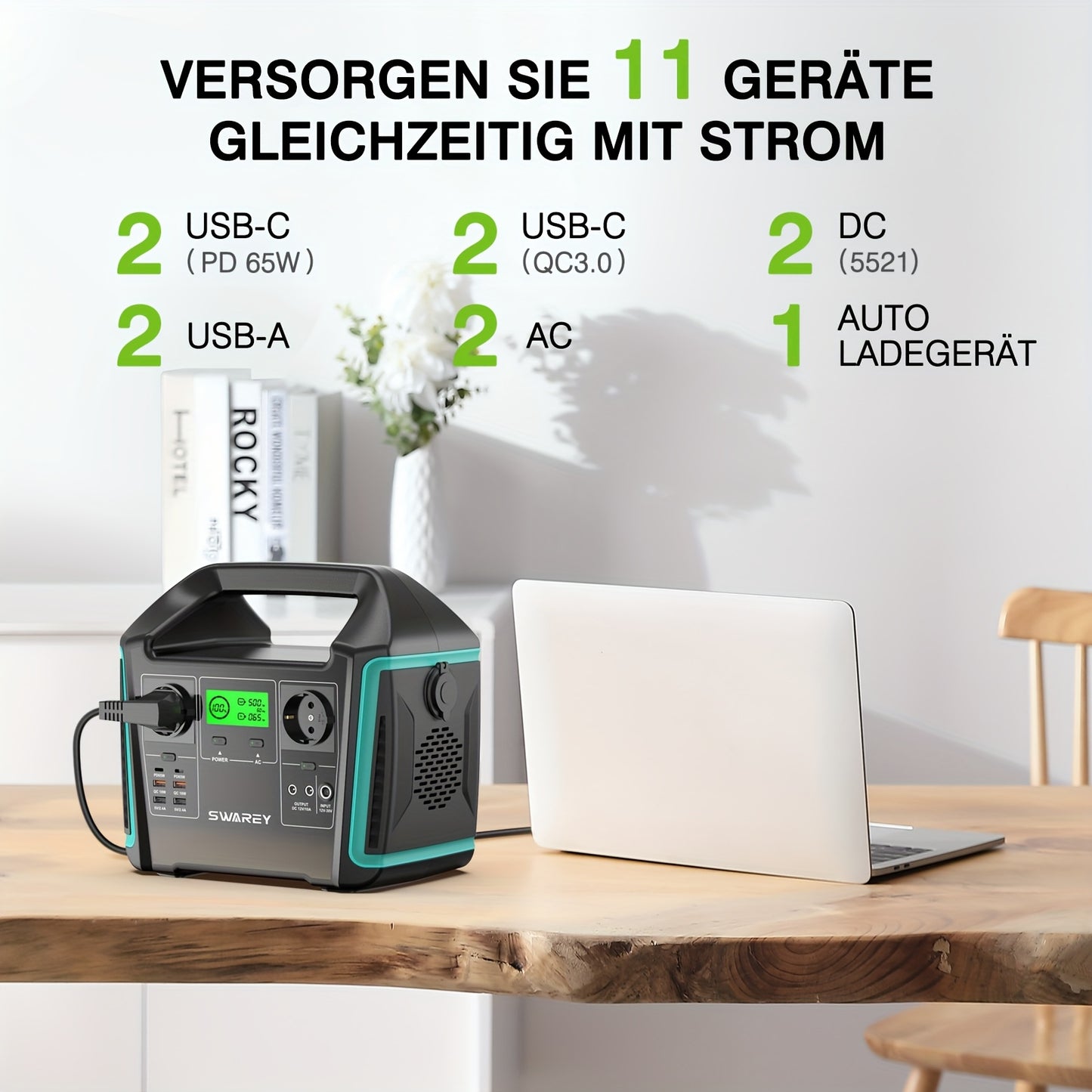 SWAREY 725.76Wh Solar Generator, Portable Power Station, 1000 W (Surge 1500 W) AC Outputs/Pure Sine Wave, Power Bank Emergency Generator, 2 X 65 W USB-C Connection, Power Generator Battery for Outdoors, Camping, Travel, Fishi
