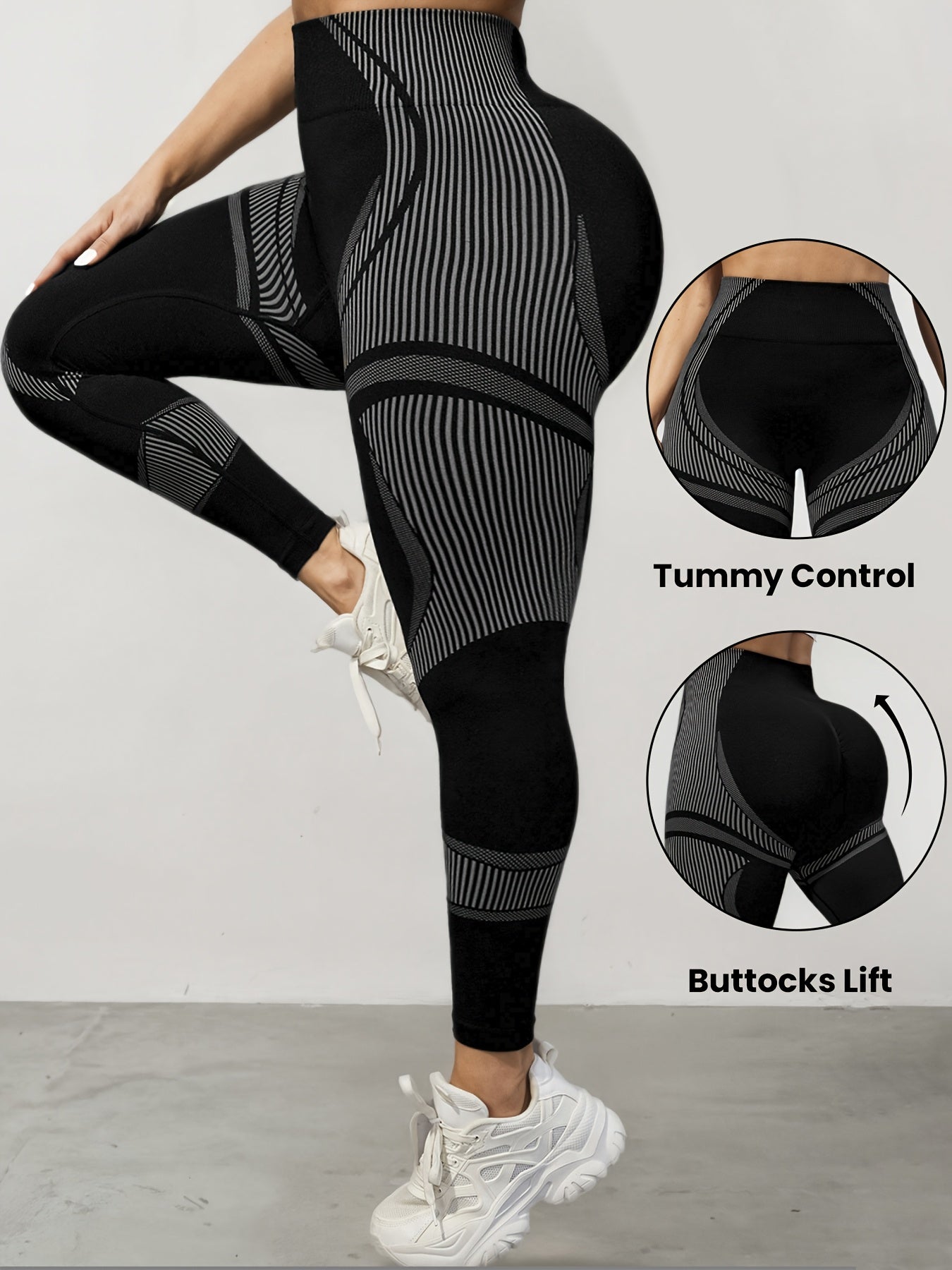 1pc Women'S Plus Size High Waist Seamless Yoga Pants, Nylon & Spandex Stretch Fabric, Striped Pattern, Breathable Mesh, Non-Waterproof, Spring/Summer/Autumn Tights for Yoga & Fitness