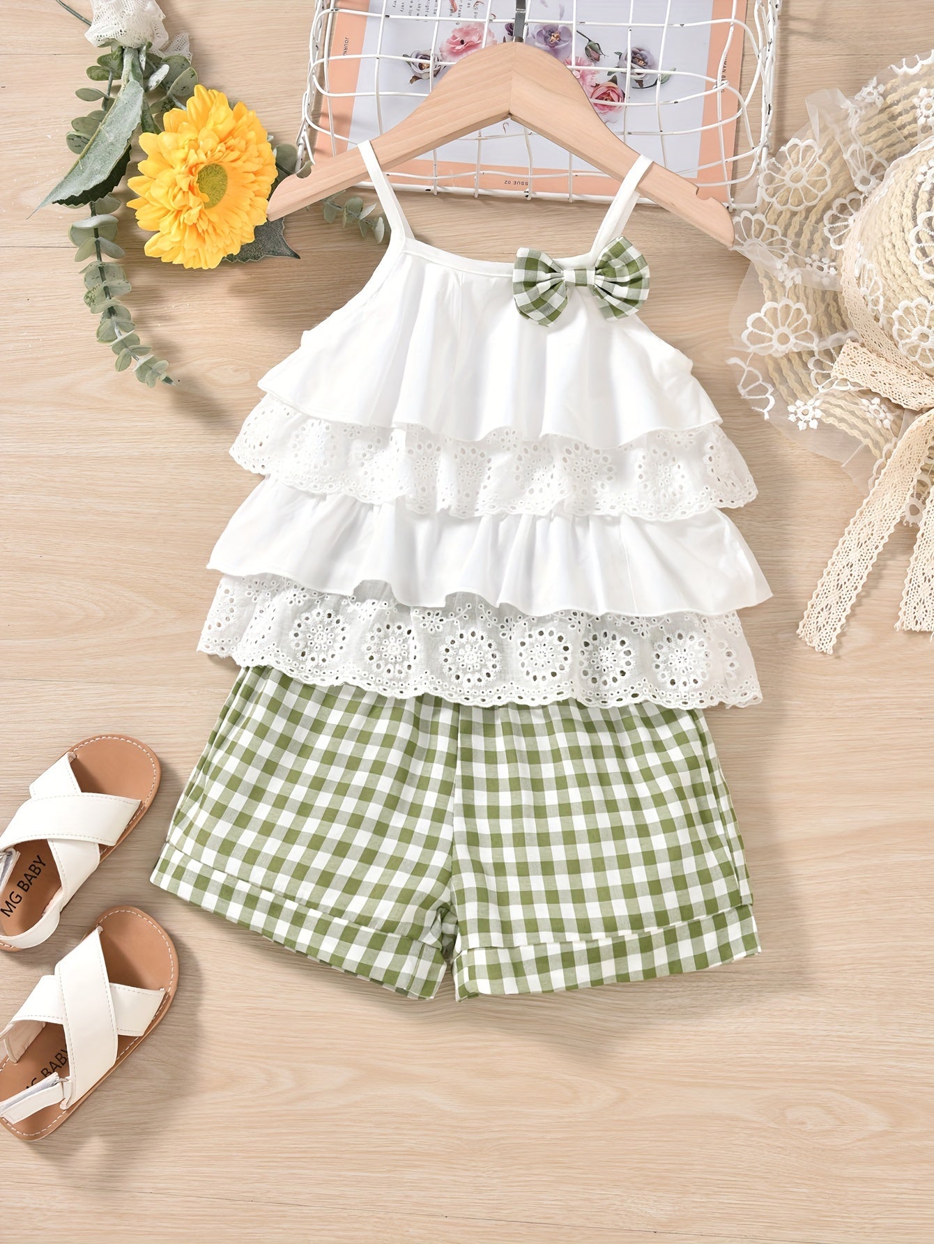 Cute Ruffle Lace Top & Check Shorts Two-Piece Set - White Blouse with Yellow Bow, Yellow & White Gingham Shorts, Perfect for Spring/Summer, Casual Playwear|Ruffle Detail Top|Nonstretch Fabric, for Outdoor