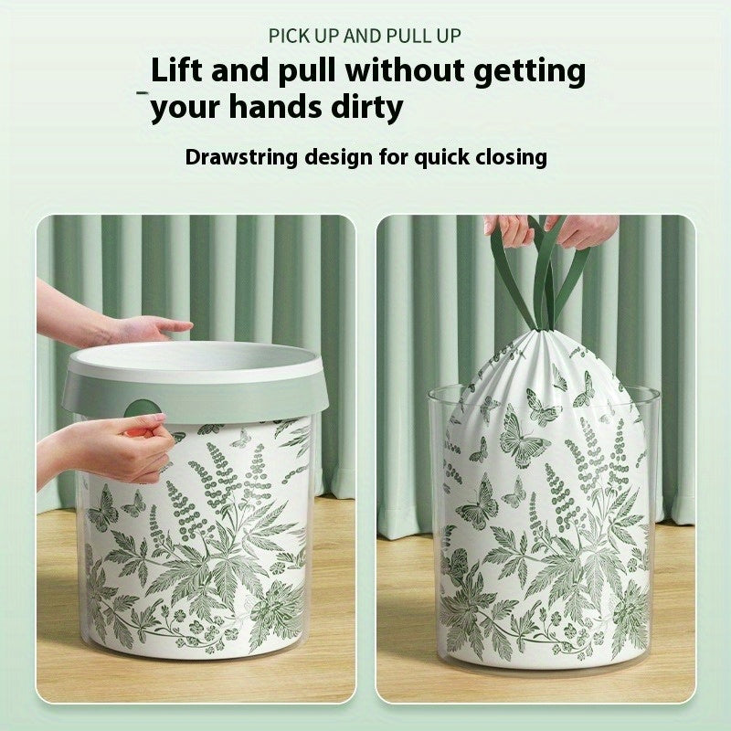 100pcs Disposable Drawstring Trash Bags with Mint and Herb Scented Floral Print - Thick Plastic, Tear-Resistant Portability for Home Kitchen Bathroom Party Use | Decorative Garbage Bag