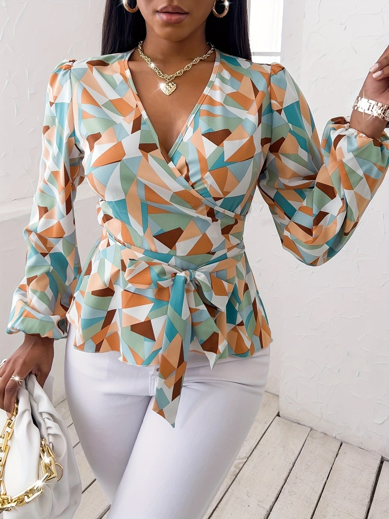 Chic Geometric Print Blouse with Tie Waist - Deep V-Neck, Long Sleeve, Polyester, Machine Washable - Ideal for Spring/Summer/Fall Fashion