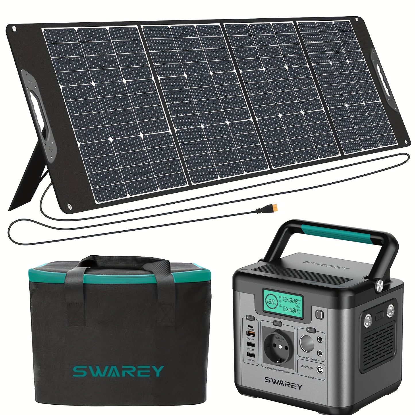 SWAREY Portable Power Bank with 200W Solar Panel, Power Station 518 Wh, Solar Generator 500W AC Output, 65 W USB-C Port, Power Generator Battery for Party, Travel, Camping, Motorhome, Emergency