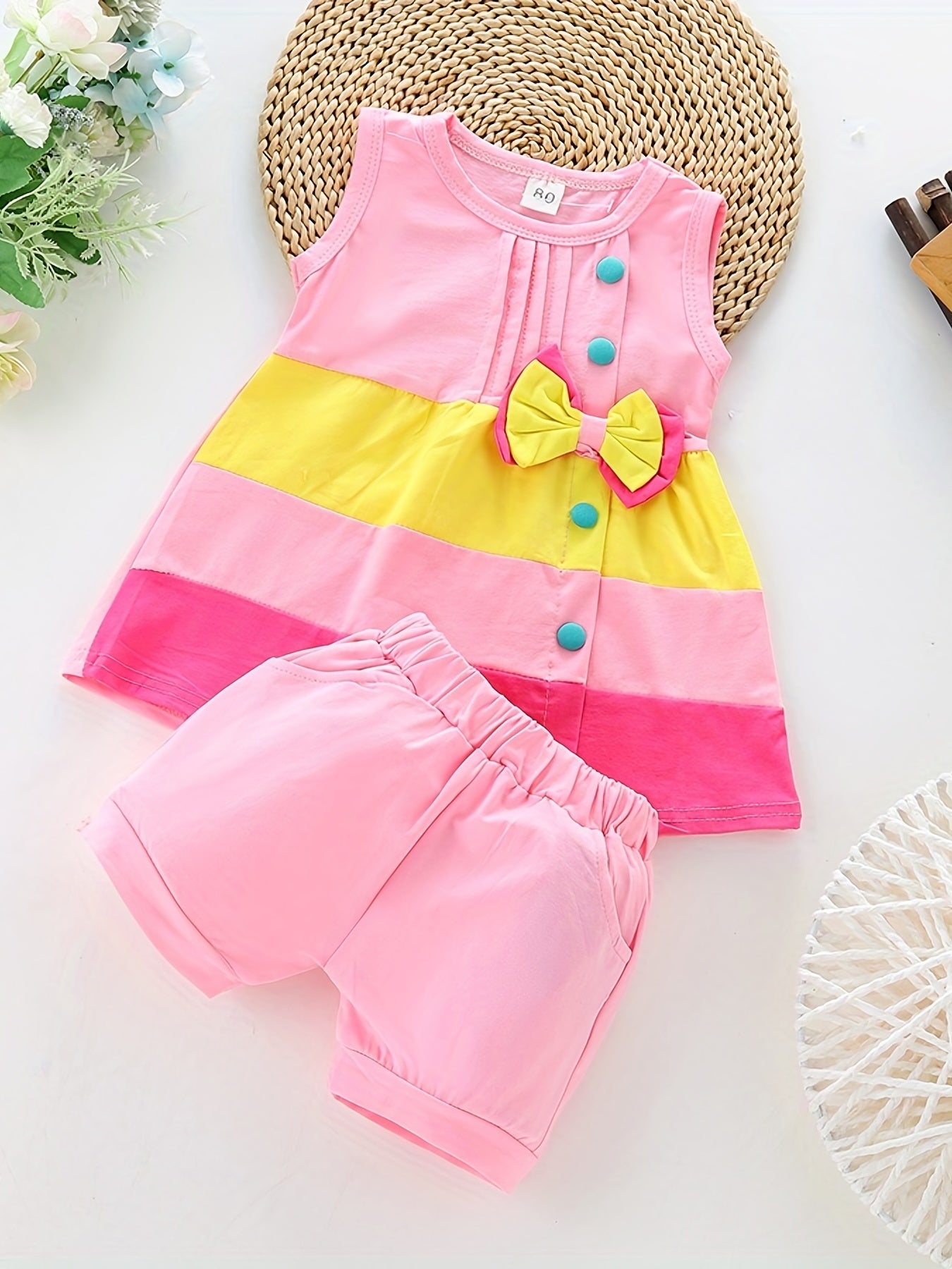 Stylish Color Block Outfit - Cute Bow Puffy Hem Vest & Pocket Shorts Two-piece Set Toddler Baby Clothes Outdoor Clothes Outdoor Suit