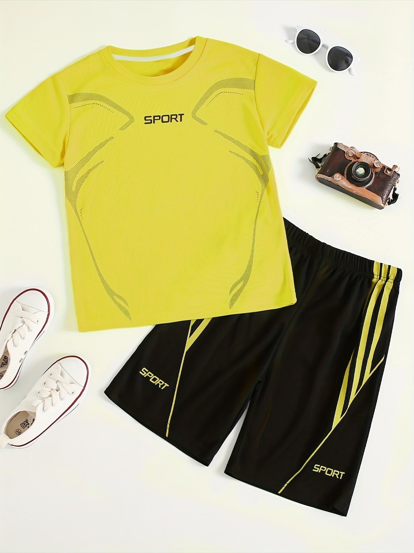 2pcs Boy's "Sport" Outfit Short Sleeves Round Neck T-shirt & Shorts Casual For Summer Daily And Outdoor Wear