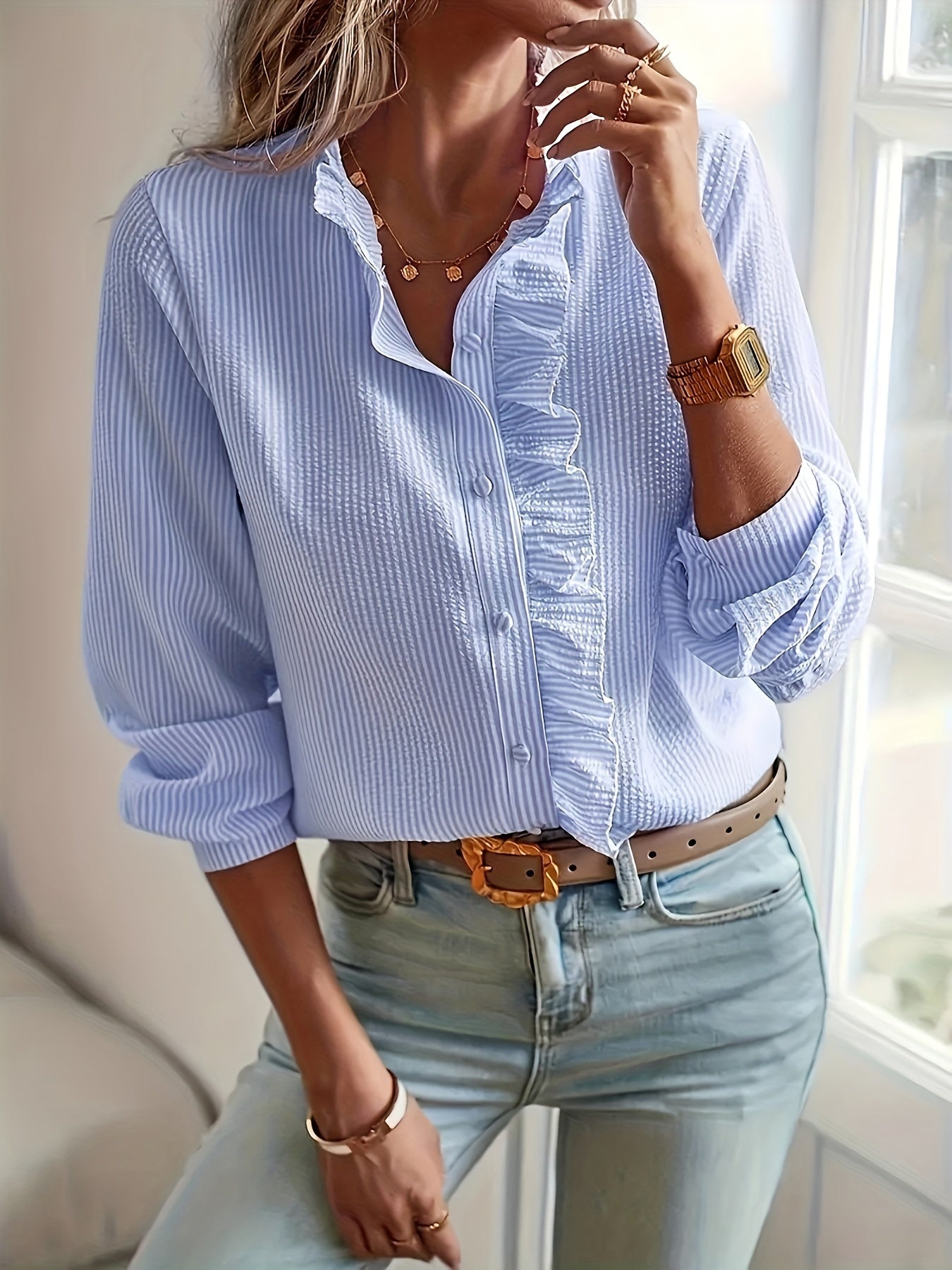 Striped Print Ruffle Trim Blouse, Elegant Long Sleeve Button Front Blouse For Spring & Fall, Women's Clothing