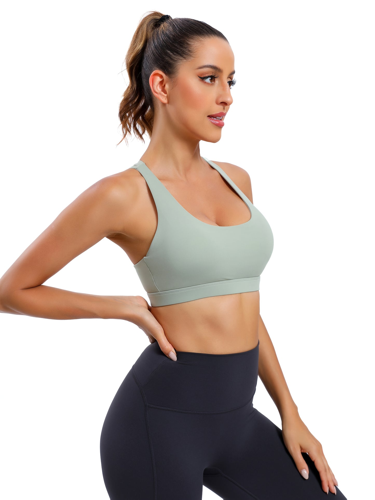 LEOQ Women's Slim Fit Yoga Sports Bra - Elegant Cross-Back Design, Mint Green Nylon Spandex Blend, Removable Pads, Medium Support for Fitness & Yoga, LEOQ