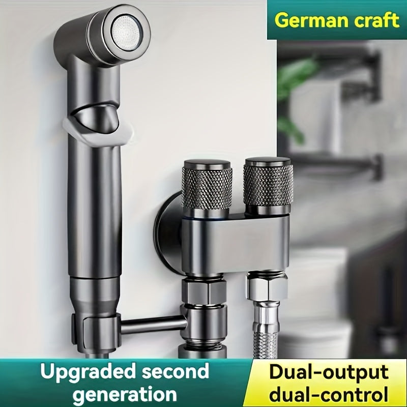 A Handheld Bathroom Cleaning Kit Equipped With A Dual-mode Spray Gun And Extendable Hose, With A Diverter And Wall Bracket, Used For Toilet Flushing, Multifunctional Bathroom Spraying, And One In Two Out Control Valve